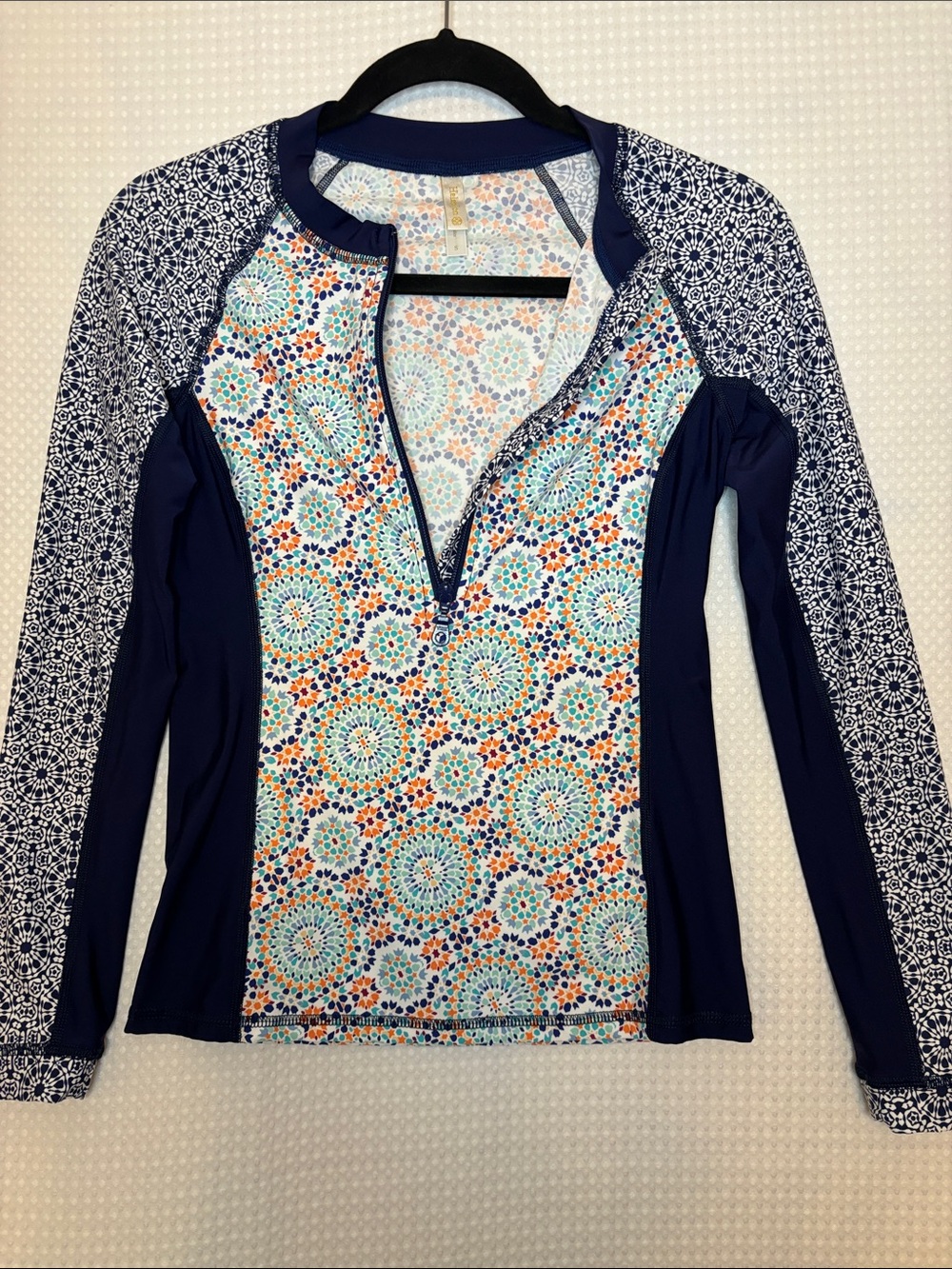 Helen Jon Navy and Multicolor Medallion Zip-Front Rash Guard